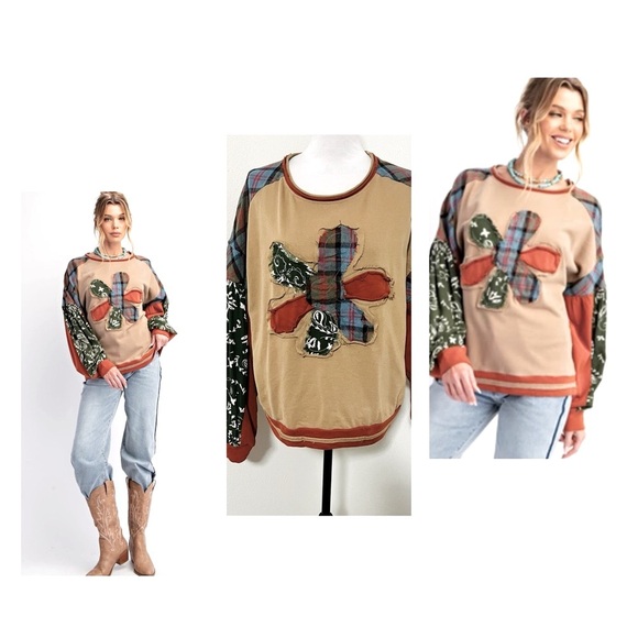 Easel Women Medium Soft Washed Mix N Match Fabric Flower Patch Top in Mushroom - Picture 1 of 8